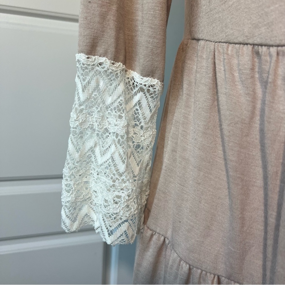 Tan Beige Tiered Dress Lace Trim 3/4 Sleeve Casual Bohemian Neutral Small - Picture 2 of 6